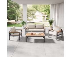 Loungeset, tuinmeubelset met gegalvaniseerd stalen frame, (brede set, 4-delige eethoek, 1x 2-zitsbank, 2x losse stoelen, 1x tafel), acaciahouten tafelblad en armleuningen, beige