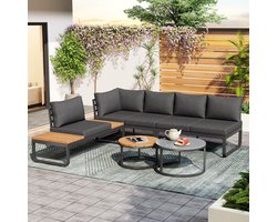 Loungeset - Tuinmeubelset Voor 4-5 Personen - 2 Stapelbare Bijzettafels - Verzinkt IJzeren Frame - Verstelbare Poten - Inclusief Grijze Zit- En Rugkussens