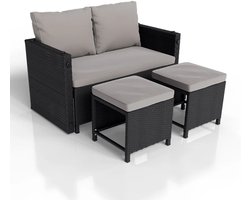 Loungeset / Tuinset Jamaica - 2-in-1 - Polyrotan - Zwart / Grijs