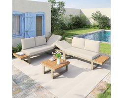 Loungeset - Verstelbaar - 2 Relaxbedden en Hoekbank - Met Bergruimte - Verzinkt Staal - Beige