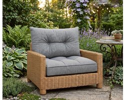 Loungeset voor in de tuin - Set: zitkussen 60x60cm en rugkussen 40x60cm. Rugleuning van rotan. Ideaal voor balkon, terras of loungeset voor buiten. Comfortabele, dikke en duurzame vulling. Grijs.