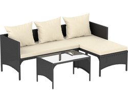 Loungesets - Geweven Kunsthars Tuinmeubelen - Set van 3 met 1 Leunstoel,1 Kruk,1 Glazen Tafel en Kussens - Zwart