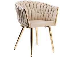 Loungestoel – Fauteuil – Relaxstoel – Kamerstoel – Woonkamerstoel – Beige Fluweelstof – Met Gouden Metalen Poot – Ergonomische Rugleuning – Compact Formaat 73 cm Hoog