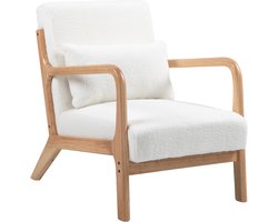 Loungestoel - inclusief 3 kussens - diepe zitting - armleuningen - frame van rubberhout - crèmekleurige fluwelen bekleding