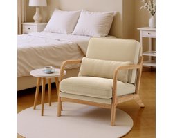 Loungestoel met armleuningen – Meuble Paris Moderne Design Kuipstoel van Hout en Linnen-Katoen Bekleding – Comfortabele Gestoffeerde Relaxstoel met Dikke Schuimvulling – Ergonomisch Woonkamer, Slaapkamer, Kantoor en Leeshoek (82 x 65 x 75 cm, Beige)