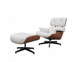 Loungestoel met Voetenbank - Chaise Longue Fauteuil - Relaxstoel met Ottomane - Echt Leer Wit - Palissander Houten Poten - Ergonomisch Design - Woonkamer Slaapkamer - Mid Century Modern Stijl