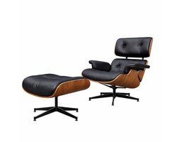 Loungestoel met Voetenbank - Mid Century Fauteuil met Poef - Walnoot Hout - Ergonomisch Design - 15 Graden Kanteling - Hoge Rugleuning - Gelamineerd Houtframe - Geschikt voor Woonkamer en Kantoor - Zwart Leer
