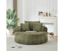 Loungestoel Ribfluweel 1-Zits - Ronde Relaxstoel met 3 Kussens, 2 Bekerhouders en Opbergvak - Groen