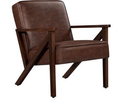 Loungestoel Vintage - Comfortabele Relaxstoel met Kunstleren Bekleding en Houten Poten - Moderne Fauteuil voor Woonkamer, Slaapkamer en Ontvangstruimte - Bruine Accentstoel met Rugleuning