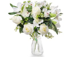 Love Bloom Nep Artificiële Bloemen met Vaas – Volle Bloemend Bloemen Boeket met Zijde Rozen en Orchideeën in een Heldere Vaas met Satijnen Lint – Voor Huwelijk, Home Decor, Kantoor, Tafel & Feest