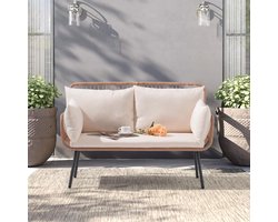 Loveseat voor Tuin en Balkon 2-Zits – 120x64x80 cm – Natuurlijk Rotan, Comfortabele Wit Kussens, Mid-Century Modern Design – Balkonbank, Terrasbank, Zwembadmeubel – Laura