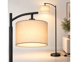 LOVHAUS Moderne Boog Vloerlamp - Beige Linnen Lampenkap - E27 - Incl. 3000K LED Lamp - Zwart