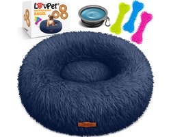 LOVPET® Hondenbed / Hondenmand / Hondenkussen Kattenbed Bagel, Afwasbaar, Incl. Kom + 3x Kauwbotjes, Hondenbank Pluche Kussen Rond Pluche Voor Kleine, Middelgrote & Grote Honden, Katten - 4XL (120 x 120 cm), Marineblauw