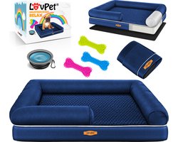 LovPet® Hondenmand Orthopedisch Hondenbed Hondenkussen Relax, Inclusief Kom + 3X Kauwbotten, Hondenbank voor Kleine, Middelgrote & Grote Honden, Hoes Afneembaar en Wasbaar - L (106 x 80 x 25 cm), Marineblauw