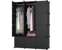 Lowander 3x4 vakkenkast 'Napoli' zwart 148x111 cm - kunststof kledingkast met hangruimte / roomdivider afsluitbaar