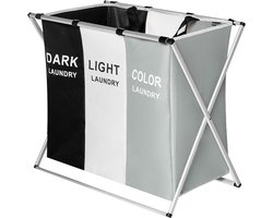 Lowander Wasmand 3 vakken - Wassorteerder 90 liter - Licht | Donker | Gekleurd - Opvouwbare Was Organizer met Aluminium Frame - Stevige Wasmand voor Vuile Was - Grijs