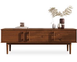Lowboard TECCA 145 cm met 3 deuren, kastanjekleur - massief grenenhout, woonkamer meubels met opbergruimte, moderne ladekast in Scandinavisch design, hal meubels voor boeken & decoraties - frontaal