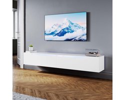 Lowboard TV Kast - Televisie Meubel - Woonkamer Entertainment - Greeploos Hoogglans Design - 200x35x30cm - Wit