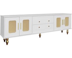 Lowboard TV Kast TV Meubel Wit In Retro Stijl Gouden Handvatten Veel Opbergruimte Met Rattan Deur En Metalen Poten