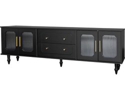 Lowboard TV Kast TV Meubel Zwart In Retro Stijl Gouden Handvatten Veel Opbergruimte Met Rattan Deur En Metalen Poten