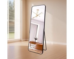LoXa Passpiegel Elegancia Zwart – 160x60 cm – Staand & Hangend – Aluminium Frame – HD Glas – Luxe Volledige Lichaam Spiegel