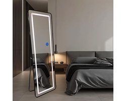 LoXa Passpiegel Ilumina Zwart – 160x50 cm – LED Verlichting – Touch Bediening – Staand & Hangend – Aluminium Frame – HD Glas