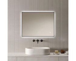 Loxa - Rechthoekige Badkamerspiegel Sorento met led 80x60cm - Zwarte omlijsting - Dimbaar - 3 Led standen - Condensvrij vlak - Duurzame kwalieit - Eenvoudige installatie
