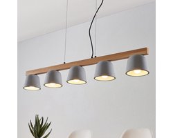 Lucande - hanglamp - 5lichts - Beton, hout, metaal - E14 - grijs, licht eiken