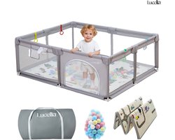 Lucellia® Grondbox Baby - Speelbox & Kinderbox – Inclusief Dubbelzijdige Speelmat & 30 Ballen & 4 optrek handgrepen – Licht Grijs – 180x200x66 cm