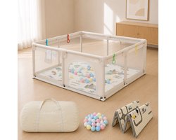 Lucellia® Grondbox Baby - Speelbox & Kruipbox - Inclusief Speelmat & 30 Ballen - Draagtas - Beige - 120x120x66 cm