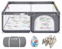 Lucellia® Grondbox Baby – Speelbox met Dubbelzijdige Speelmat & 30 Ballen – Kruipbox Kinderbox Babypark – 180x150x66 - Donkergrijs