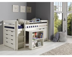 LUCEVI - Pino Halfhoogslaper + Ladder + Bureau + Commode 4 laden + Hangplank + Commode 2 deuren - Wit - 90x200 cm