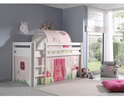 LUCEVI - Pino Halfhoogslaper + Ladder + Spring Gordijntjes + Spring Tunnel - Wit - 90x200 cm