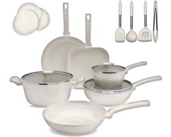 Lugia 16 Delige Pannenset - Pannen - 3 Laagse Keramische Coating - Anti-Aanbaklaag - Pannen Zonder PFOA - PFAS - Eco Friendly - Beige pannenset