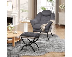 Lui stoel met voetenbank, moderne gestoffeerde accentfauteuil met zijvak, comfortabele leesstoel voor de woonkamer en kleine ruimtes, grijs
