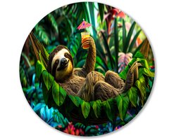 Luiaard in tropisch paradijs - Luieren wandcirkel - Ronde wanddecoratie luiaard - Digital Art - Muurcirkel van aluminium - Schilderijen & posters - Muurcirkel aluminium 40x40 cm