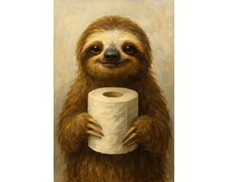 Luiaard met WC-Rol Poster Ingelijst– A3 (30 x 42cm) Formaat – Zwarte Lijst Inbegrepen – Grappige Dierenprint voor Toilet of Badkamer