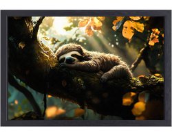 Luiaard slapend op boomtak - Sloth canvas schilderij - Kunstwerk dieren - Hyperrealisme - Ingelijste wanddecoratie - Decoratie slaapkamer - Canvas met baklijst 60x40 cm