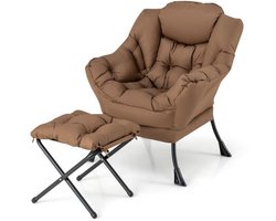 Luie Stoel met Poef – Moderne Vrijetijdsfauteuil met Comfortkussen, Armleuningen, Zijvak en Voetensteun, Verkrijgbaar in Beige, Blauw, Grijs en Koffie
