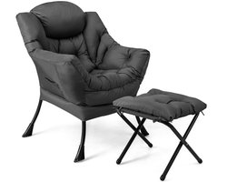 Luie Stoel met Poef – Moderne Vrijetijdsfauteuil met Comfortkussen, Armleuningen, Zijvak en Voetensteun, Verkrijgbaar in Beige, Blauw, Grijs en Koffie