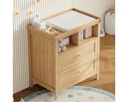 Luiercommode - Kaptafel - Opslagkastje - Commode Kast - Ladekast - Met Afneembare Verschoonunit - Met lades - Met open vakken - 82x50x90 cm - Natuurlijke houtkleur