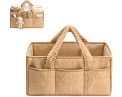 Luiermand - Babyopbergmand - Verzorgingsmand - Reismand - Zachte teddy stof comfortabele handvatten - Verstelbare binnenverdelers meerdere voorzakken - Teddy fleece - 38×25×18 cm - Geschikt voor babykamer kraamcadeau thuisopruiming - Bruin