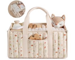 Luiermand Bloemenpatroon - Baby Commode Organizer - Quilted Katoen Luiertas - Grote Opbergmand met Vakken & Handgrepen - Babykamer Decoratie - Kraampakket Organizer - Beige & Oranje