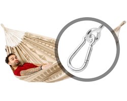 Luilak 1 persoons hangmat met bevestigingsset - 100% Katoen - 300x140cm - 120kg draagkracht - binnen & buiten - Bruin, Ecru