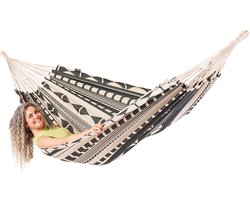 Luilak 2 persoons hangmat - 100% Katoen - 350x160cm - 160kg draagkracht - binnen & buiten - Ecru, Zwart