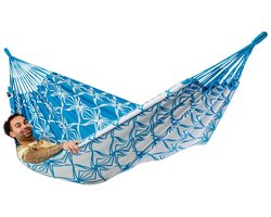 Luilak hangmat XXL - 100% Katoen - 400x180cm - 200kg draagkracht - binnen & buiten - Blauw, Wit