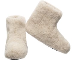 LuLu- Wollen Sloffen - Crème met een vleug Roze - antislip zool - maat 38 - hoog model - Dames
