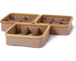 Lumaland opvouwbare organizer met bamboe-frame in set van 3 drie dozen met vakken in verschillende groottes 30 x 30 x 9 cm (3/4/9 indeling) taupe