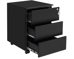 LUMÉ STORE Ladekast - 3 Afsluitbare Lades - Voorgemonteerd Compact - Kantoorrolcontainer – Met Slot - Metaal - 45x39x54 cm - Zwart