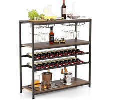LUMÈ STORE Wijnrek 5-Laags – Met Glazenhouder – Voor 22 Flessen & 20 Glazen – Hout – Wijnkast - Barkast & Opbergkast - Bruin
